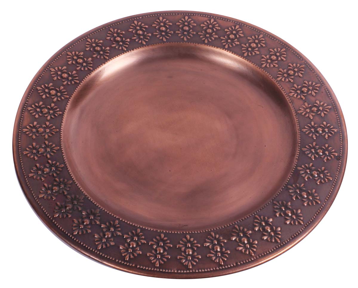 Buy in Bulk Wholesale Decorative 16” Round Iron Tray - Antique-Brass Color - Hand-Engraved Serving Tray with Floral Motifs - Home Decor/Kitchen Essentials